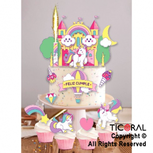 ESCENOGRAFIA PARA DECORAR TORTAS Y CUPCAKES UNICORNIO (15 UNIDADES + 1 BENGALA)